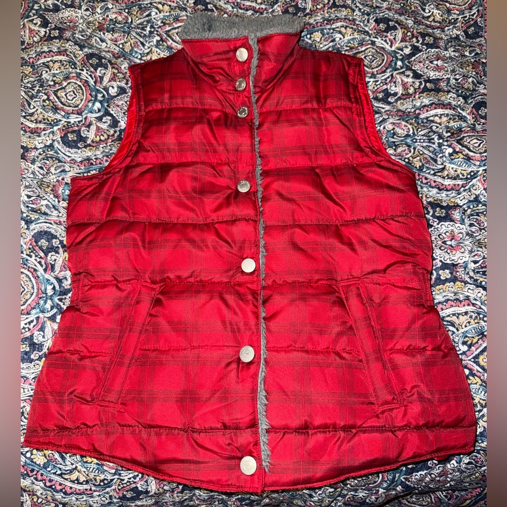 Red Plaid Woman’s Puffer Vest with Fleece Lined Button Closure
